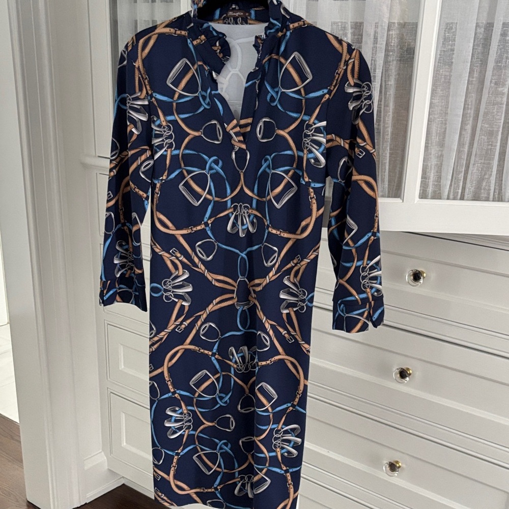 J. McLaughlin Blue and Brown, Ruffle Collar, 3/4 Length Sleeve Dress